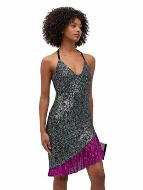 NWT One33 Social Black & Purple Sequin Colorblock Backless Halter Dress